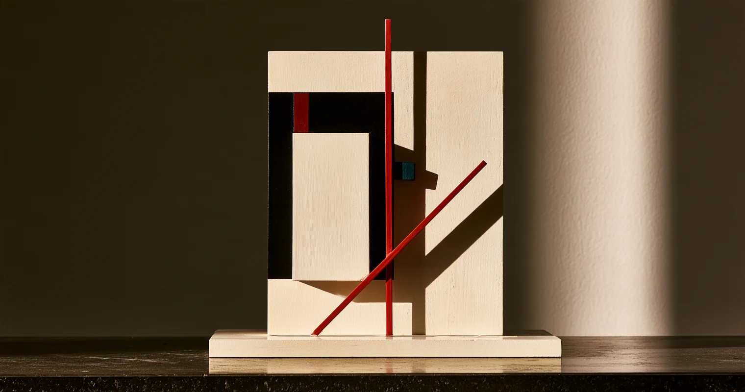 En ljus fysisk maquette med skjutbara delar och två röda stavar på en träbas.