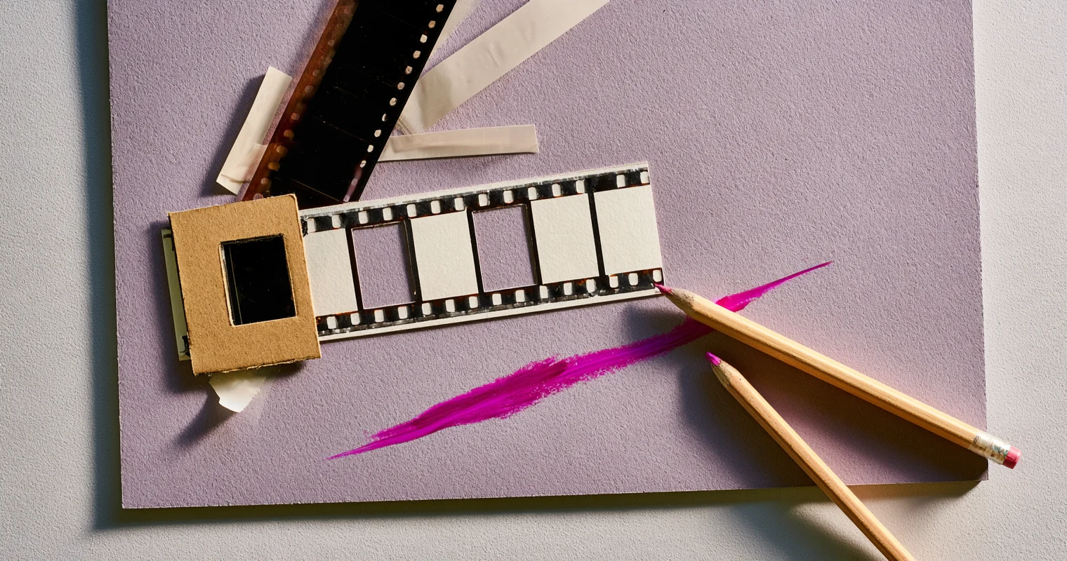 Uppifrån sedd lila kartongskiva med en filmremsa av papper där två av rutorna är tomma urklipp, en kartongram med mörkt fönster i remsans ena ände, en bit mörk negativfilm, tejpremsor, ett magentafärgat penseldrag och två blyertspennor.