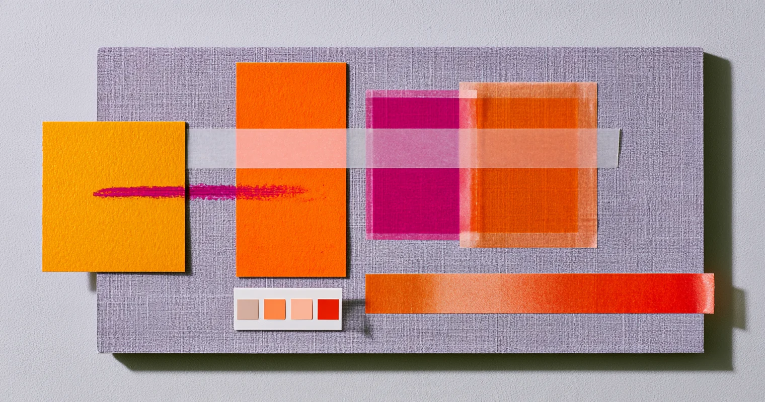 Collage på en grålila skiva med gula, orange och magenta pappersrektanglar, överlappande genomskinliga remsor i olika opacitet, ett magentastreck och fyra små färgprover.