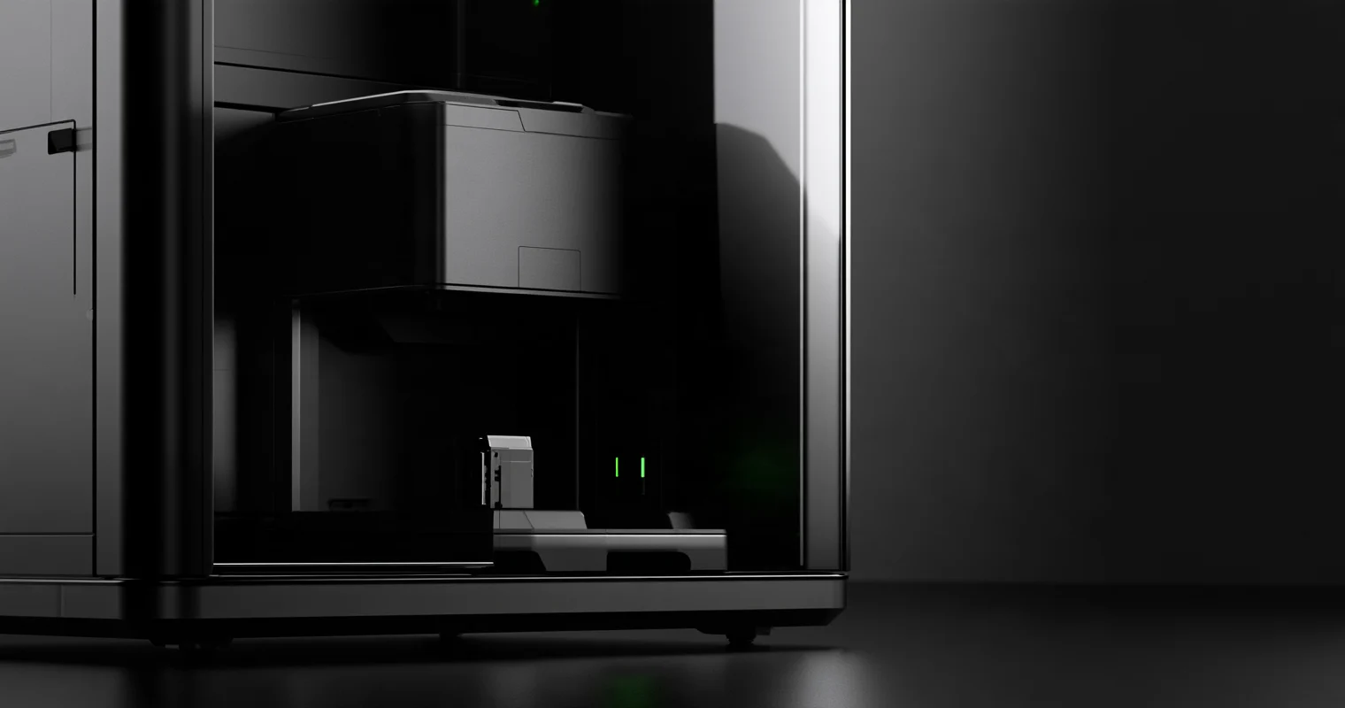 Ett mörkt datorchassi med synliga lådformade delar, en liten stående modul och två smala gröna ljus innanför ramen.