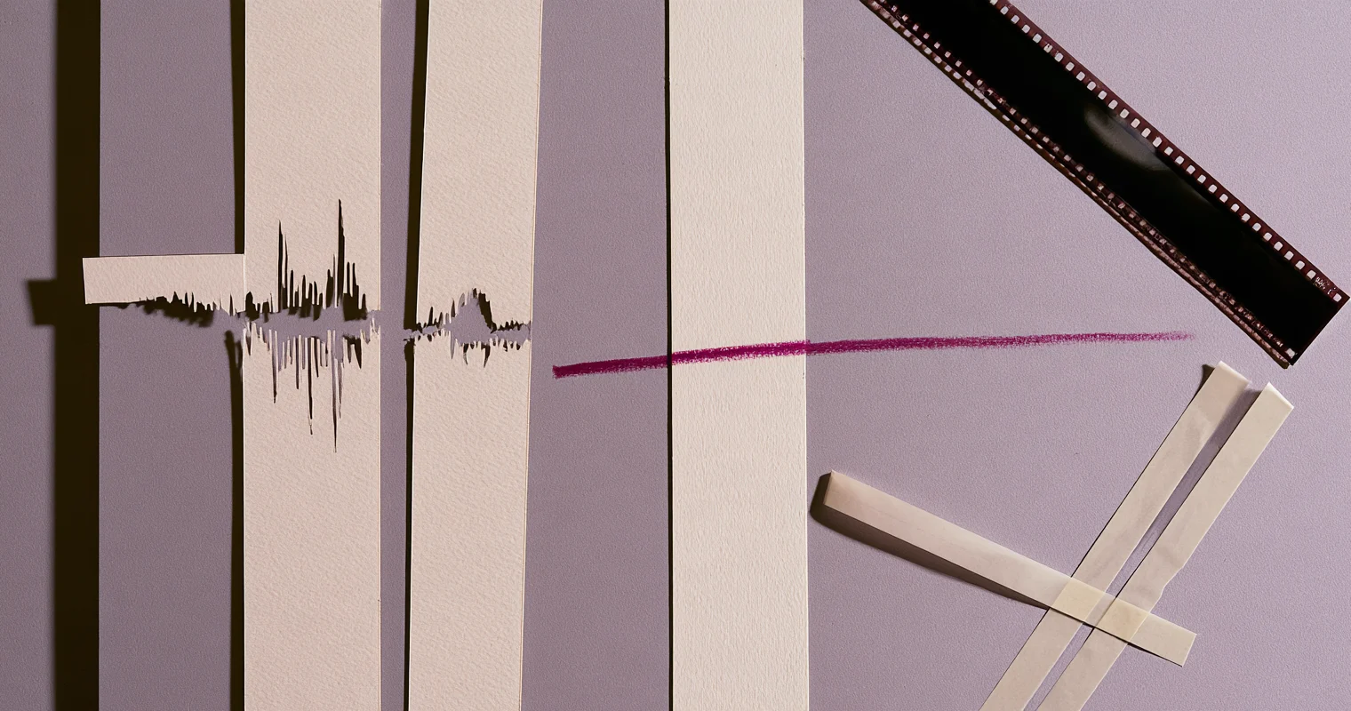 Vågformer utskurna i ljusa pappersremsor på en grålila skiva, med filmremsa, tejp och ett magenta kritstreck.