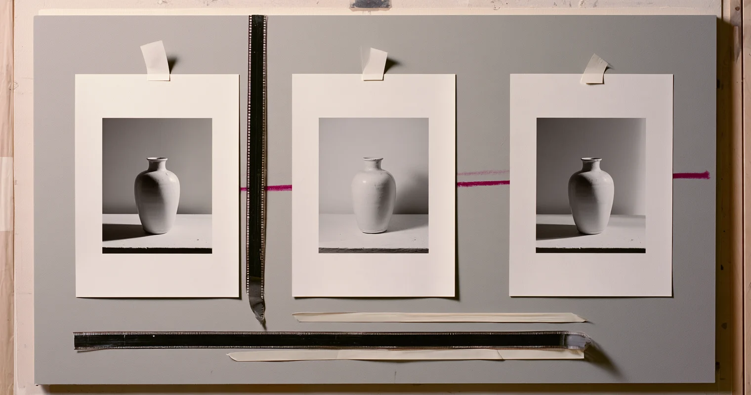 Tre tejpade pappersbilder av en vit vas med ljus och skuggor på en grålila skiva, med filmremsor, tejp och ett magenta kritstreck.