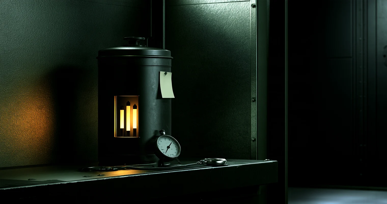 En mörk cylinder med ett lysande fönster med tre staplar står på en metallhylla; framför den ligger ett stoppur och till höger syns en öppen mörk dörr.