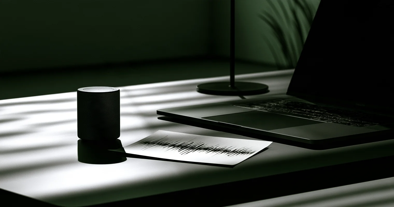 En liten svart cylinderformad högtalare på ett mörkt skrivbord bredvid ett papper med en tryckt ljudvåg. Till höger står en öppen laptop i halvskugga, och bakom den syns foten på en lampa och skuggan av en växt mot en grön vägg.